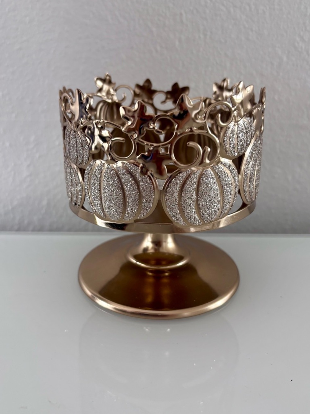 Bath & Body Works Candle Holder Pumpkin Pedestal Sparkle Fall Gold Autumn